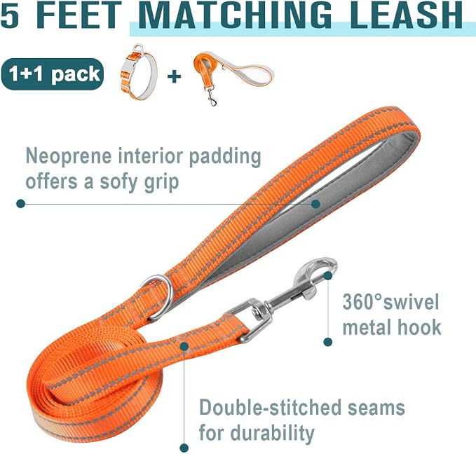 Dog Collar for Medium Small Large Dogs Reflective with Leash,Collar and Leash for Dogs,Soft Neoprene Padded 2 Pack(Orange,S)