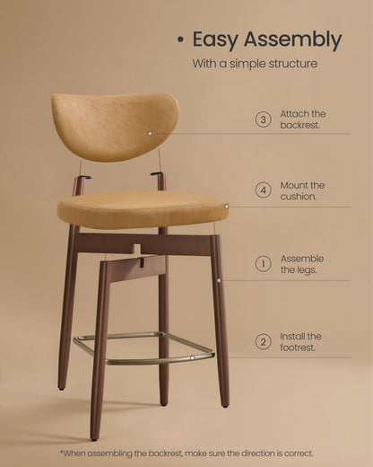VASAGLE Wooden Bar Stools Set of 2, Upholstered Counter Height Barstools with Solid Wood Legs, Ergonomic Backrest, Mid Century Modern, for Kitchen Island, Synthetic Leather, Caramel Brown