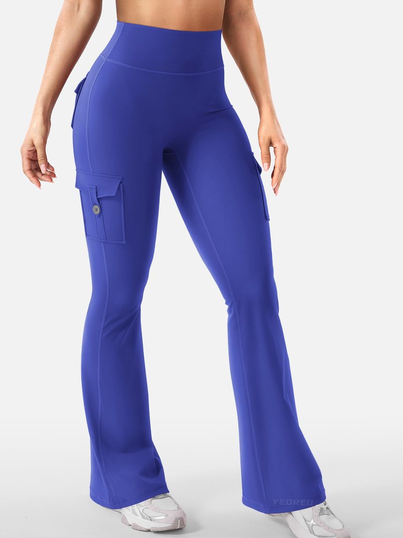 YEOREO CoreFlex Women Workout Flare Leggings with Pockets Hidden Scrunch Cargo Gym Yoga No Front Seam Leggings Dazzling Blue XXL