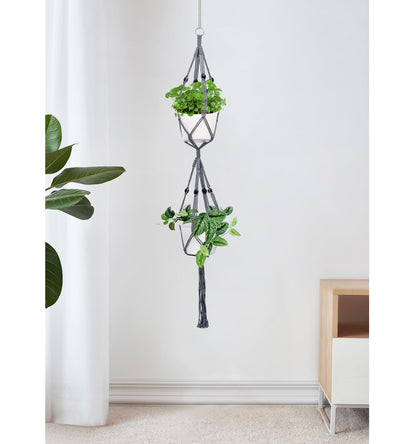 Belit 2 Pack Double Macrame Plant Hangers 2 Tier Hanging Planter Basket Decorative Flower Pot Holder Rope for Indoor Outdoor Home Decor 51 Inch, Grey