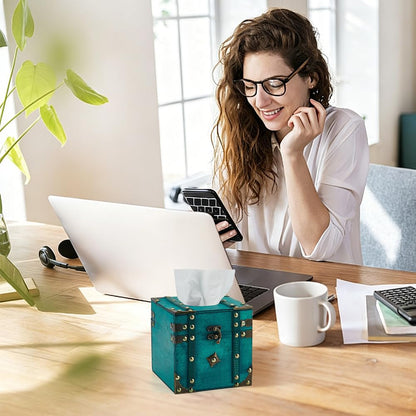 INFUNLY Retro Wood Square Tissue Box 5.8x5.8x5.8 inch Turquoise Napkin Holder Vintage Cube Tissue Box Holder Green Wood Square Tissue Container Cover for Toilet Tank Bathroom Living Room Office Desk