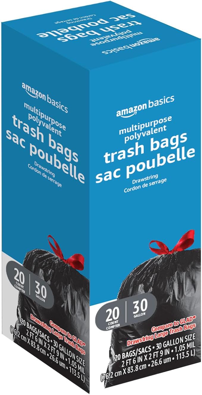 Amazon Basics Multipurpose Drawstring Trash Bags, 30 Gallon, Tear Resistant