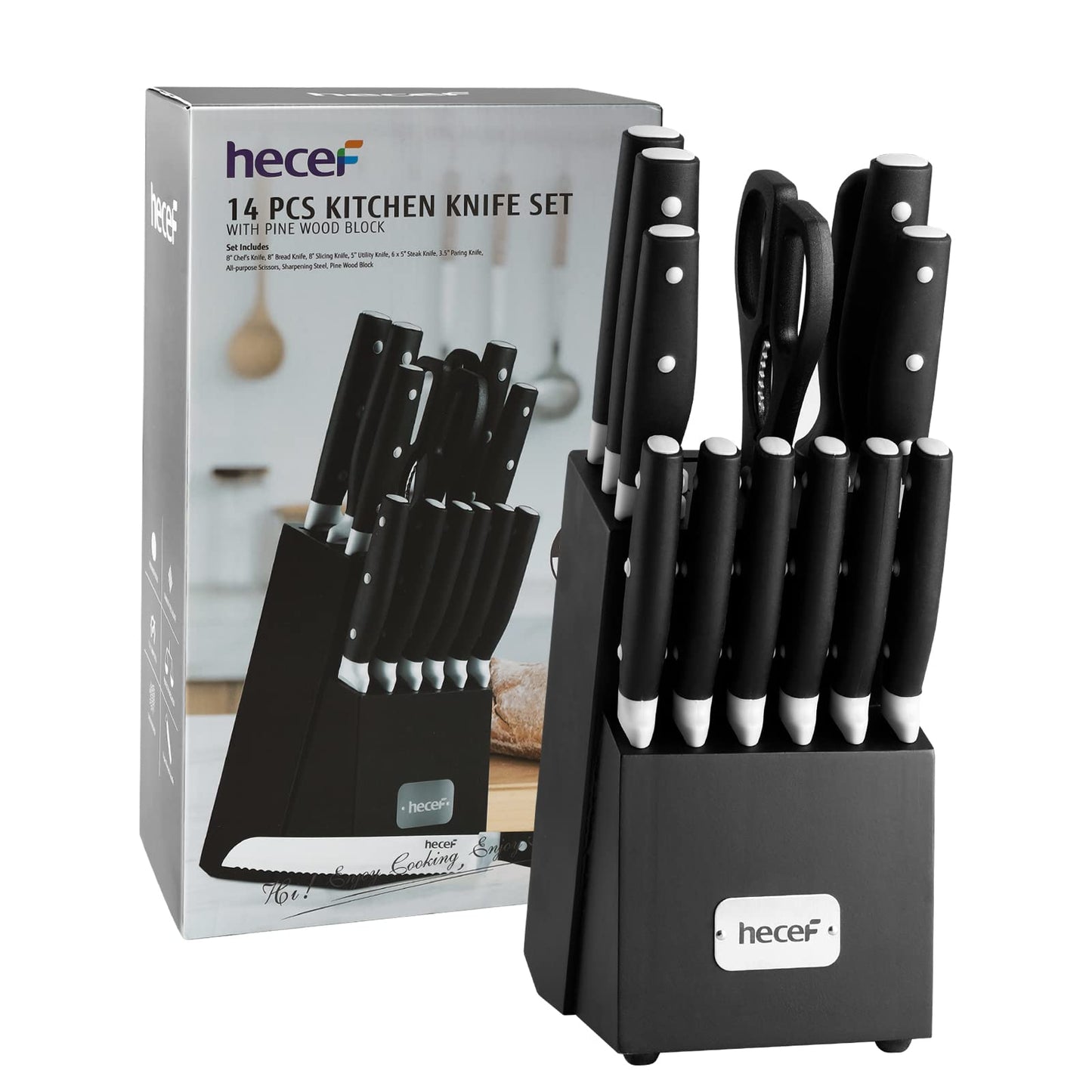 hecef Kitchen Knife Block Set, 14 Pieces Knife Set with Wooden Block & Sharpener Steel & All-purpose Scissors, High Carbon Stainless Steel Cutlery Set (Yellow)