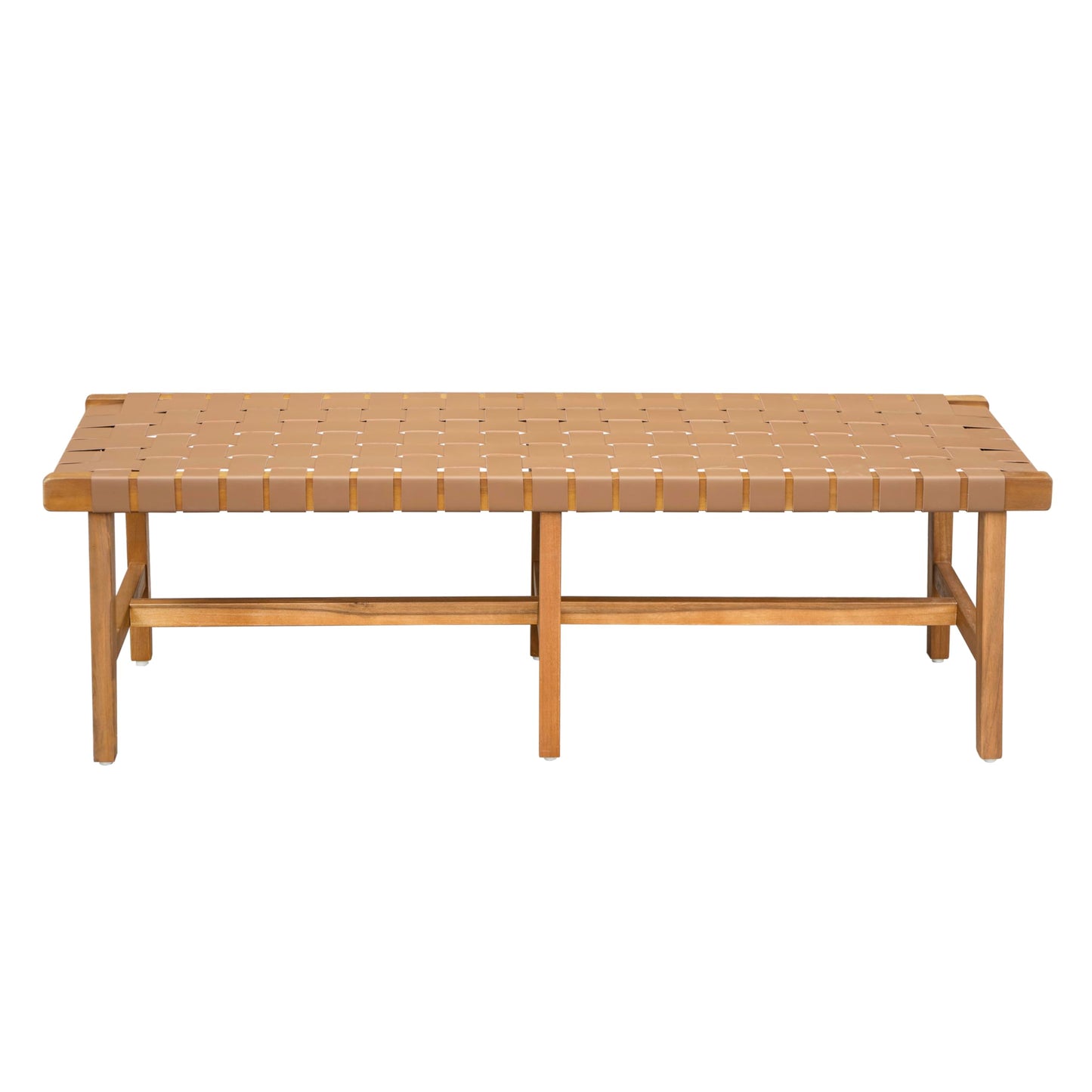Christopher Knight Home Vinson Country Style Acacia Wood Bedroom Armless Bench with Woven PU Leather Seat, Wooden End of Bed Footrest Stool, Accent Living Room/Entryway Ottoman Bench, Natural Brown