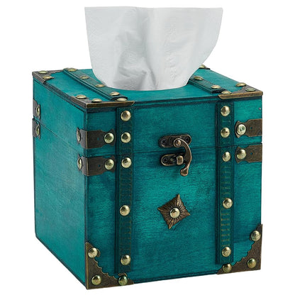 INFUNLY Retro Wood Square Tissue Box 5.8x5.8x5.8 inch Turquoise Napkin Holder Vintage Cube Tissue Box Holder Green Wood Square Tissue Container Cover for Toilet Tank Bathroom Living Room Office Desk