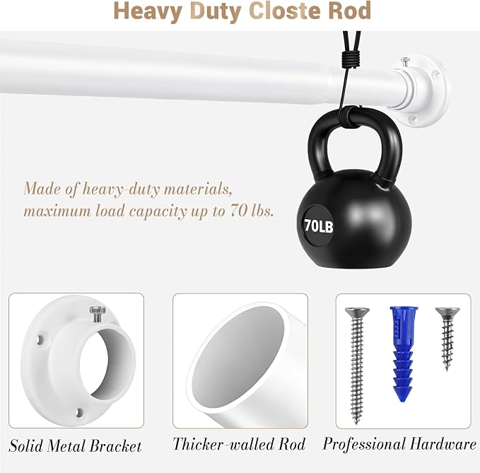 Closet Rod Adjustable 17 to 53 Inch, 1-1/4” Diameter, Closet Rods for Hanging Clothes, Stepless Metal Heavy Duty Hanging Rod for Closet Wardrobes Laundry RV (White)