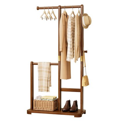 Wamhom Solid Wood Coat Rack, Freestanding Standing Clothes Rack with Double Hanging Rods for Coats, Jackets, Wooden Coat Tree Garment Rack for Bedroom Entryway Hallway, Space Saving Small Coat Rack