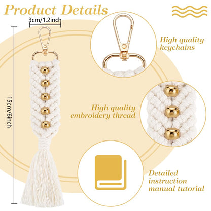 INFUNLY 6pcs DIY Macrame Keychain Kits with Golden Beads Boho Keychain Making Kit for Adult Beginner with Instruction DIY Crafts Projects Handmade Keyrings Knotting Set for Car Key Phone Wallet