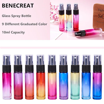 BENECREAT 9 Packs 10ml Rainbow Color Glass Spray Bottle, Refillable Fine Mist Spray Bottle for Perfume, Essential Oil, Travel Size Mini Spray Bottles