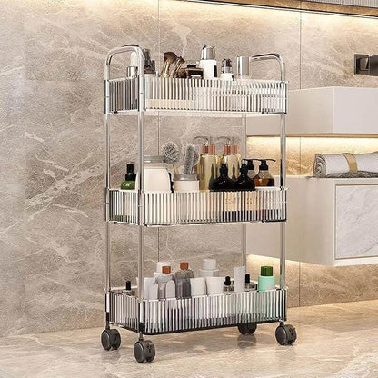 Sooyee Clear 3-Tier Plastic Rolling Utility Cart with Wheels, Multi-Functional Storage Trolley for Office, Living Room, Kitchen, Movable Storage Organizer with Wheels