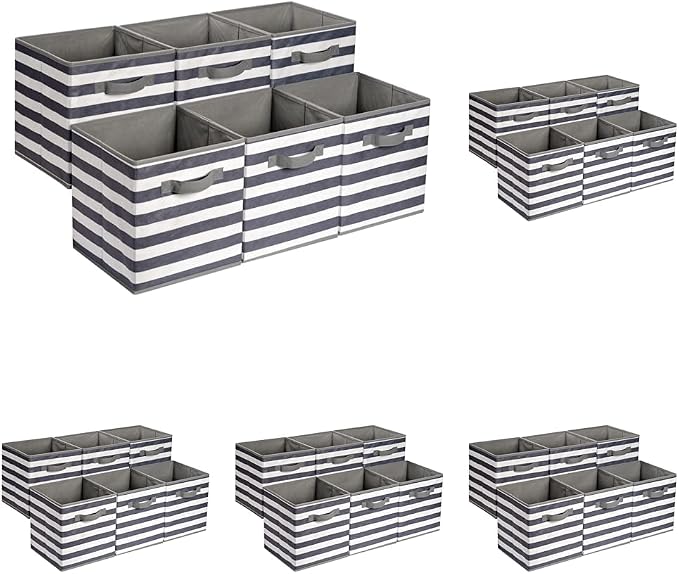 Amazon Basics Collapsible Fabric Storage Bins with Handles, Cube Organizer for Home Organization, White/Light Grey Stripe, 10.5"x10.5"x11" (Pack of 30)