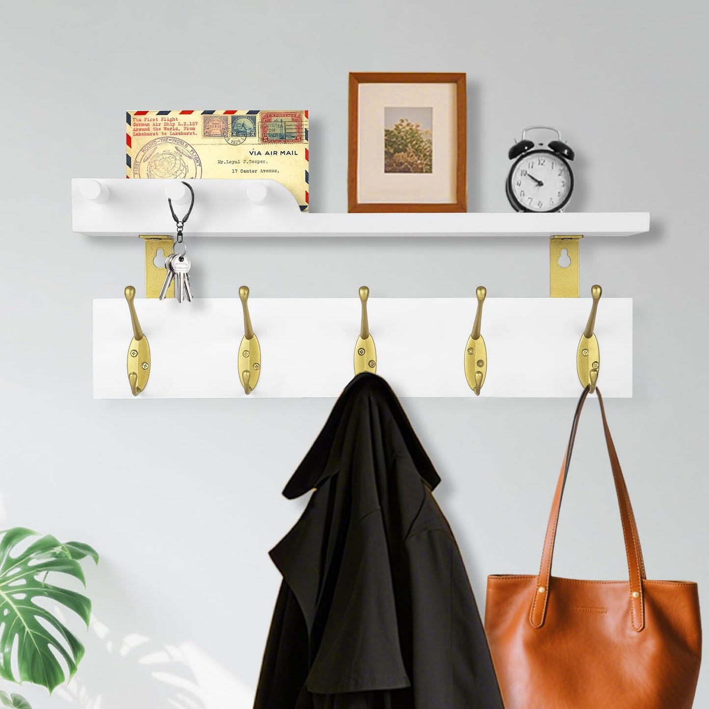 Lampaggio Wall Mounted Coat Rack with Shelf, 5 Gold Double Hooks, 3 Pegs, 16.5 inches White Wood Floating Shelf for Entryway, Bathroom, Bedroom