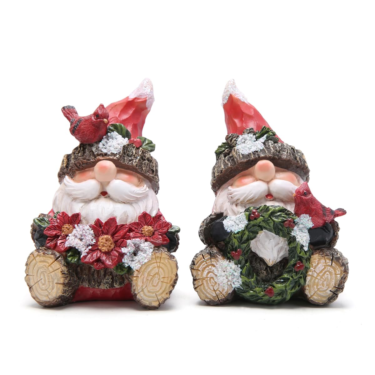 Hodao Christmas Santa Gnome Figurines, Set of 2 – Red Hat Woodland Gnomes with Cardinal, Poinsettia Bouquet & Holiday Wreath – Winter Decor & Gift for Tiered Tray, Mantel, Tabletop, Windowsill