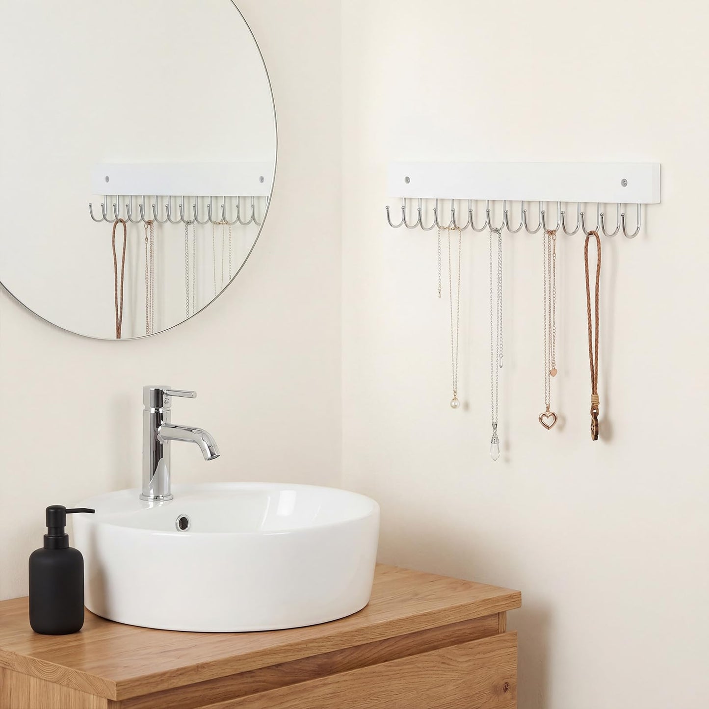 MAQUITA Jewelry Rack Wall Mount, 4 Pack Necklace Hooks with 56 Jewelry Hooks for Wall, Space-Saving Wooden Necklace Holder for Necklaces, Bracelets, Pendants, Earrings