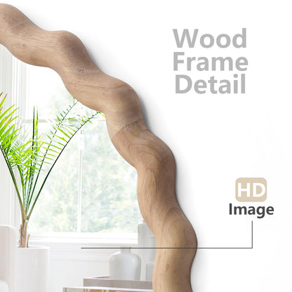 Irregular Wall Mirror,Wood Round Farmhouse Mirror Unique Vanity Mirror,24" Nature Wooden Modern Bathroom Mirror for Washroom Living Room Bedroom