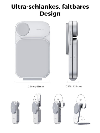 AMEGAT MagFusion Z 3-in-1 Charging Station Compatible with MagSafe, 15W Wireless Charger Foldable Qi2 Certified, Magnetic Charger for iPhone 17/16/15/14/13/12, AirPods 4/3/2/Pro, Apple Watch, Silver