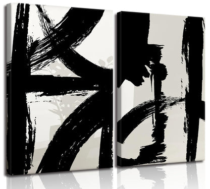 Black and White Brush Stroke Canvas Wall Art Modern Abstract Minimalist Ink Line Painting Picture Mid Century Geometric Prints Poster Retro Graffiti Artwork for Office Home Decor 12x16in
