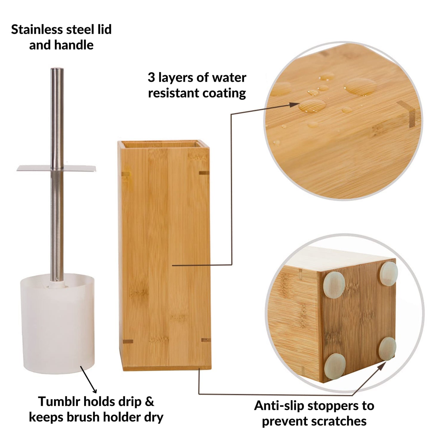 GOBAM Bamboo Toilet Bowl Cleaner with Holder for All Toilet Types - Hidden Stainless Steel Toilet Brush - Bathroom Cleaning Brushes - Toilet Accessories - Natural