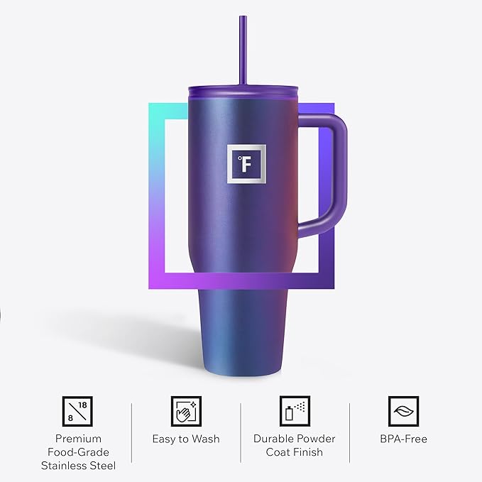 IRON °FLASK Co-Pilot Insulated Mug w/Straw & Flip Cap Lids - Cup Holder Bottle for Hot, Cold Drink - Leak-Proof - Water, Coffee Portable Travel Mug - Sand, 40 Oz