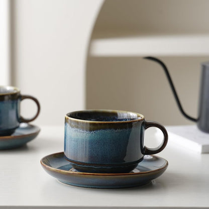 MIKIGEY Ceramics 10oz Cappuccino Cups with Sacuer, Set of 2, Coffee Cup for Au Lait, Latte, Tea, Mocha-Set of 2, Dishwasher and Microwave, Reactive Blue