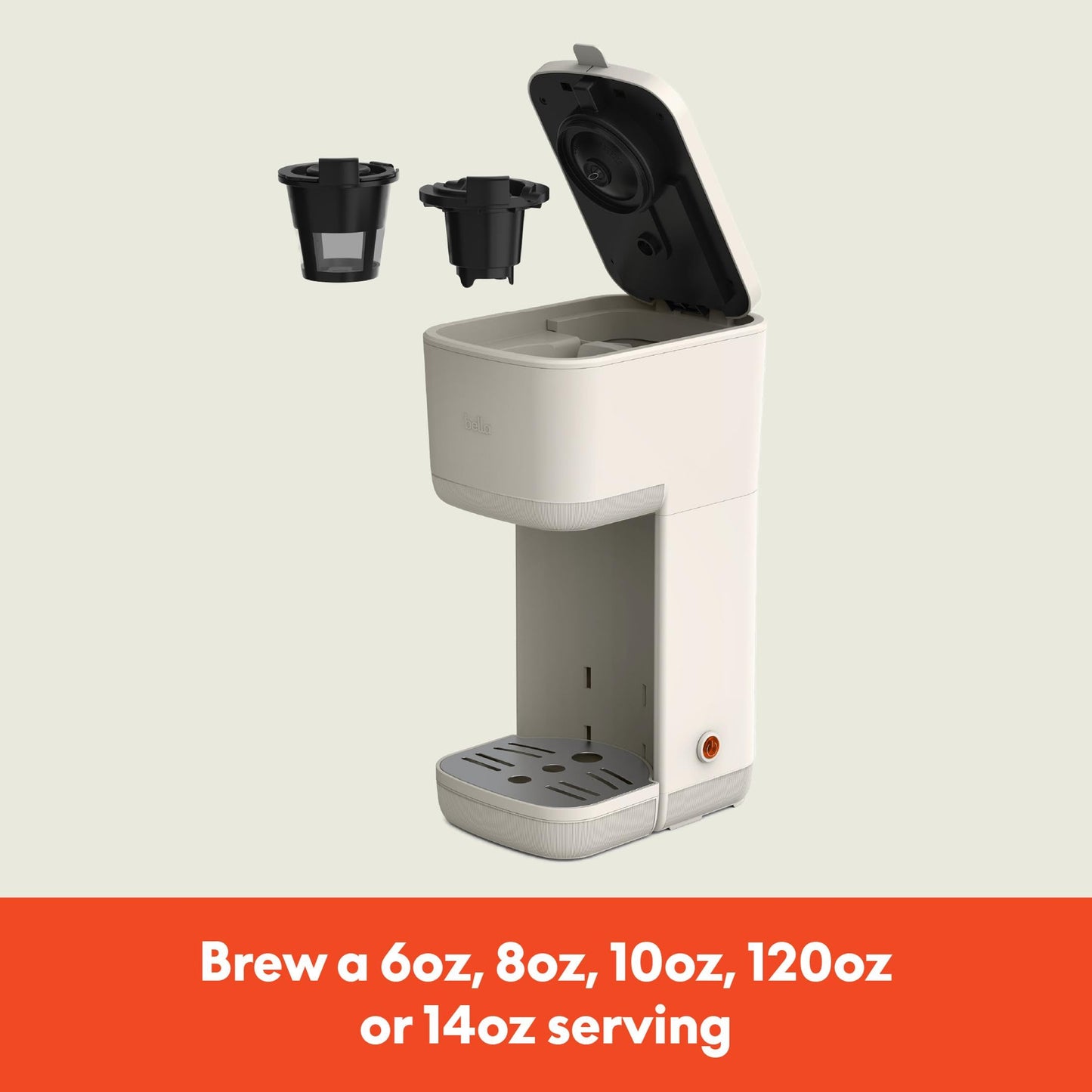 BELLA Single Serve Coffee Maker, K Cup & Coffee Ground Compatible with Removable, Adjustable Drip Tray, Auto Shutoff & Reusable Dishwasher Safe Accessories, Brews 6oz to 14oz, 1000 Watt, Oatmilk