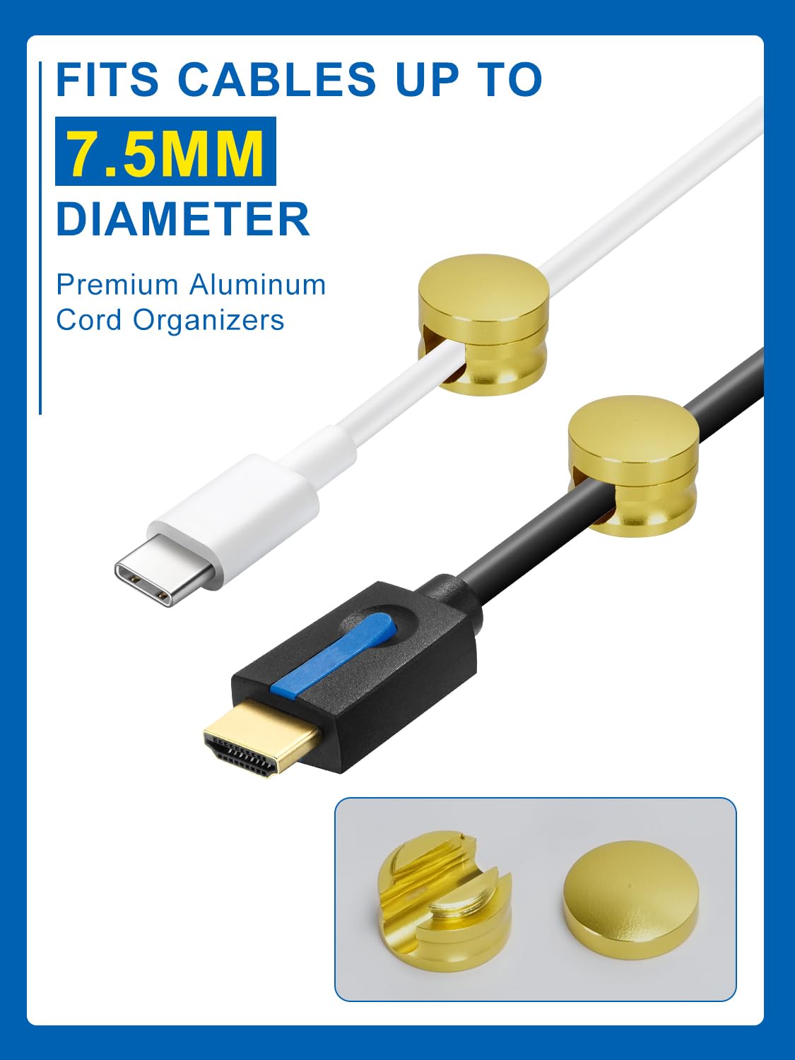 Kofuyni 3 Pack Upgraded Cord Management Clips with Extra-Large Adhesive Base, Stronger Hold Phone Charger Holder for Nightstand, Premium Aluminum Gold Sticky USB Wire Organizer Cable Clips for Desk