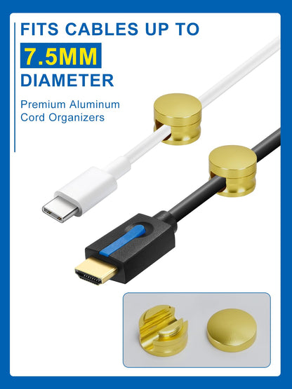 Kofuyni 3 Pack Upgraded Cord Management Clips with Extra-Large Adhesive Base, Stronger Hold Phone Charger Holder for Nightstand, Premium Aluminum Gold Sticky USB Wire Organizer Cable Clips for Desk