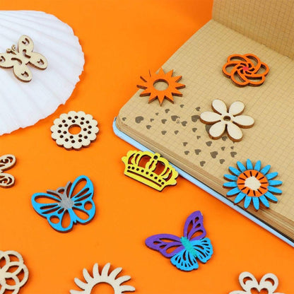 300Pcs Wooden Embellishments,Flower Butterfly Shape Wooden Cutouts Wooden Scrapbooking DIY Handmade Crafts Children Graffiti Home Decor Wooden Crown Pieces Discs Wood Slice Ornament Manual Accessories