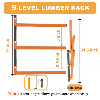 Lumber Rack Wall Mount, Heavy Duty Wood Storage Racks, 9-Level System Garage Shelving, 1080 Lbs Capacity Organizer Shelves, Folding Orange Brackets, 6 Pack Hanging Metal Shelf for Indoor and Outdoor
