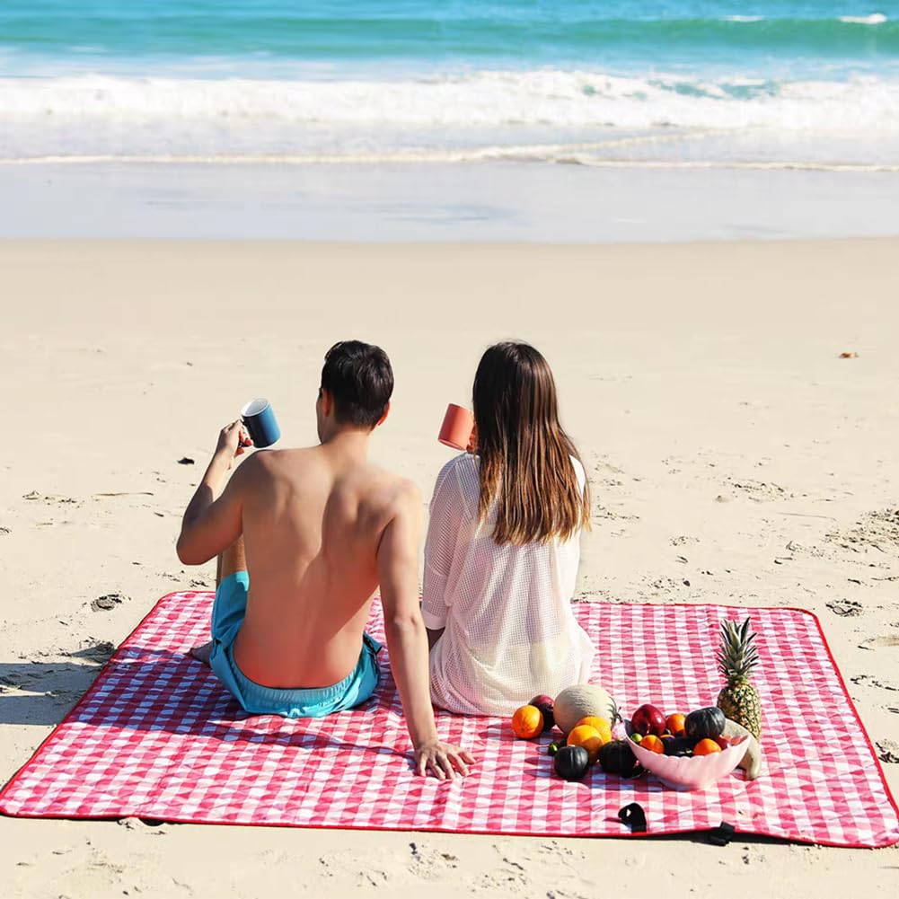 Picnic Blanket|Beach Mat|Picnic Blanket for Indoor and Outdoor, 80" x 60" Sandproof Waterproof Larger Mat for Beach, Travel, Camping, Hiking, Park Grass,Handy Mat Tote, Foldable. (Red Plaids)