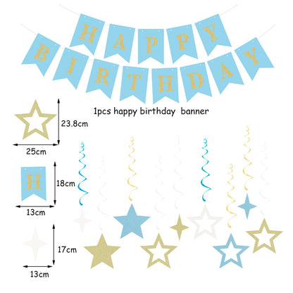 Light-Dusty Blue Beige-Champagne Birthday Party-Decorations - 19pcs Boho Neutral Streamers Banner,Paper Star Garland Lanterns Honeycomb Fan,Tissue Pom Poms,Wall Ceiling Backdrop Supplies Ouruola