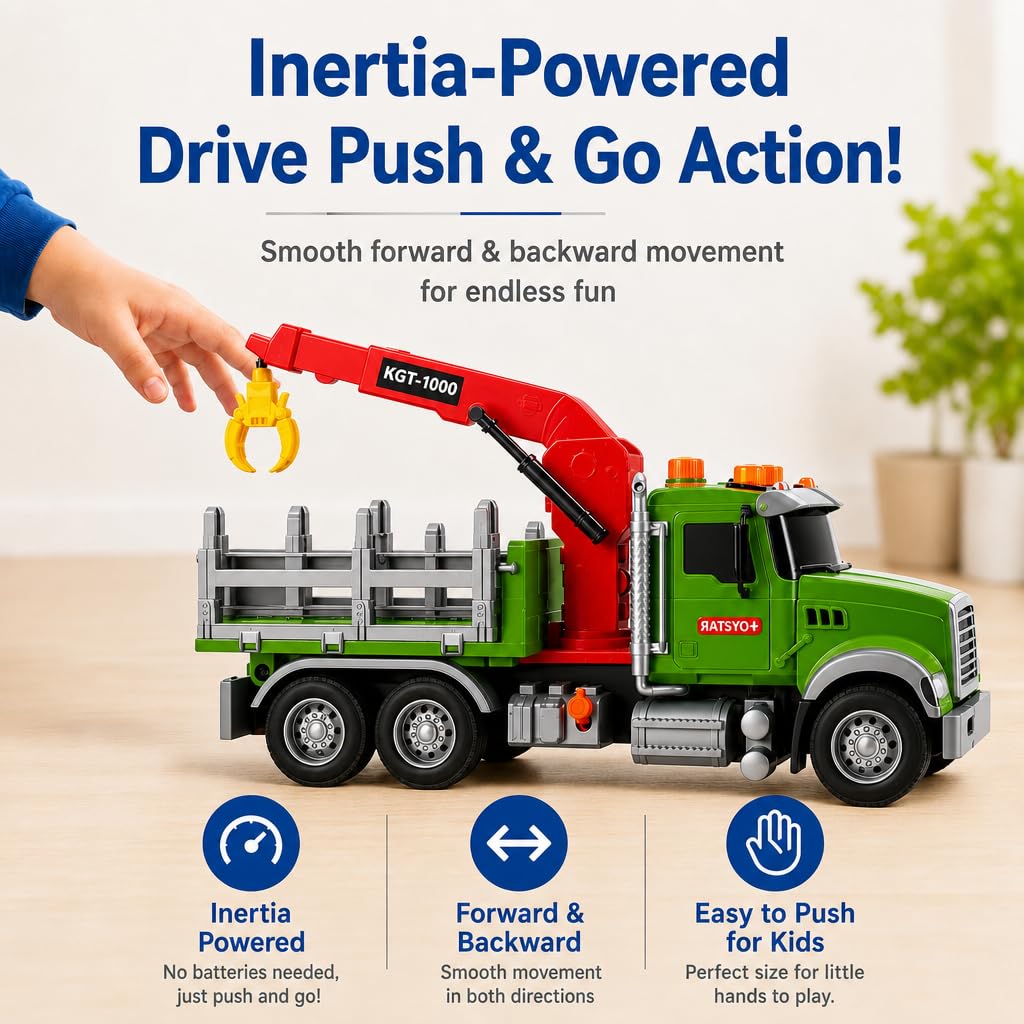 15" Green Crane Truck Toy,Logging Truck Tow Truck Toy,Construction Trucks for Boys Girls 3 4 5 6 7 8 Years Old,with Lights & Sounds,Holiday and Birthday Gift