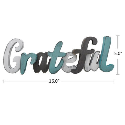 Rustic Wooden Teal Home Sign Decorative Cutout Letters Freestanding Block Word Sign Hanging Ornament Table Shelf Decor (Grateful)