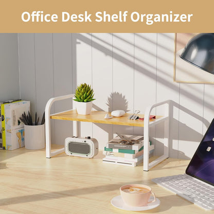 Office Desk Shelf Organizer, Wood Desktop Bookshelf Supplies Storage Rack, Shelf for Top Desk Dresser and Cubicle Decor Bookshelf Monitor Stand Riser (White White-single Tier, 11.81 Lx7.87 Wx8.46 H)
