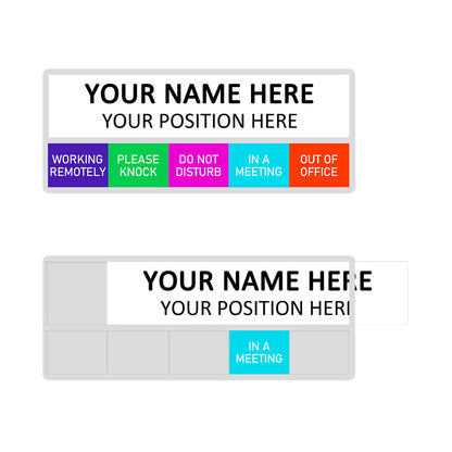 Office Status Sign With 5 Options, Do Not Disturb/Please Knock/In A Meeting/Out of Office/Working Remotely, Magnetic Slider Sign for Any Room,Name Plate For Desk/Doors/Cubicle Wall With Stand-Silver