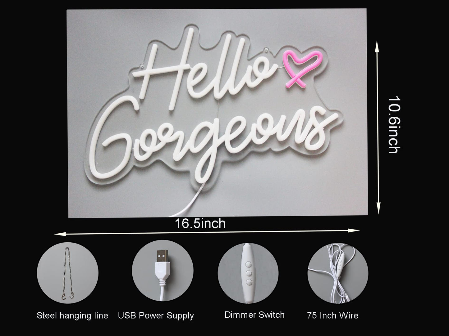 Hello Gorgeous Neon Sign Hello Beautiful Pink LED Neon Lights for Home Wedding Birthday Backdrop Bacelorette Party Wth Dimmable Switch(5V,16.5X10.6inches)