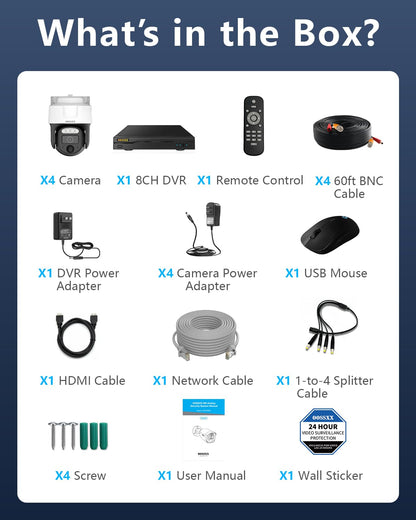(2026 New) 4K PTZ Wired Outdoor Security Camera System, 8CH DVR with 1TB HDD, 4 Cameras, Remote Control, No Monthly Fee App, 122° Wide Angle, AI Human Detection, Audio Mic, IR Night Vision, Indoor