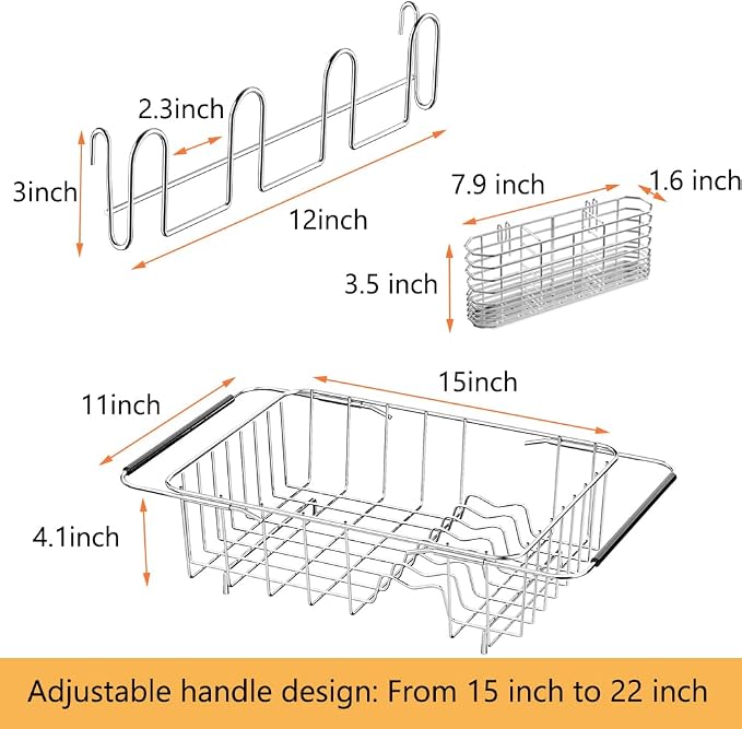NiuYichee Stainless Steel Dish Drying Rack(15" L X 11" W X 4.1" H), Expandable Drain Rack Over Sink, Dish Drainer Rack in Sink, with Stainless Steel Utensil Holder & 4 Hooks Cup Hanger