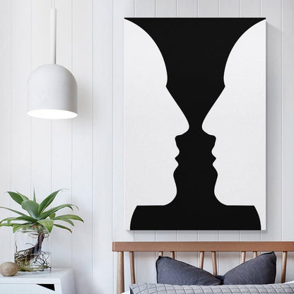 Optical Illusion Vase Faces Canvas Printing Wall Art Prints Posters Black And White Minimalist Scandinavian Wall Decor for Living Room Bedroom Office Study Classroom Modern Home 12x18inch(30x45cm)