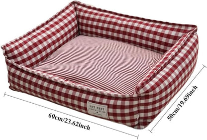 Orthopedic Rectangle Dog Bed for Medium Small Dogs, Plaid Plush Modern Puppy Sofa Bed with Anti-Slip Bottom, Cute Calming Pet Bed(Red,Large)