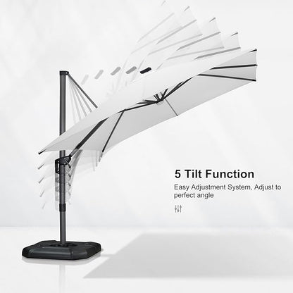 PURPLE LEAF 10 Feet Patio Umbrella with Base Outdoor Cantilever Solar Powered LED Square Umbrella Aluminum Offset Umbrella with 360-degree Rotation for Garden Deck Pool Patio White