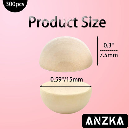ANZKA 300pcs Small Half Beads for Crafts Wooden, 15mm Flat Wood Balls, 0.6 inch Diameter Wooden Hemisphere Bulk, Natural Half Sphere Ornaments