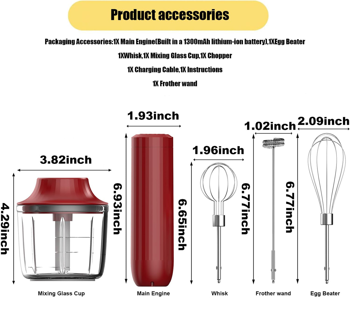 4-in-1 Electric Hand Mixer, Electric Whisk, Mini Onion Chopper 10Oz, Small Cordless Hand Blender, Milk Frother Wand for Coffee, Matcha, 4 Speed Rechargeable Food Processor for Baby Food Maker