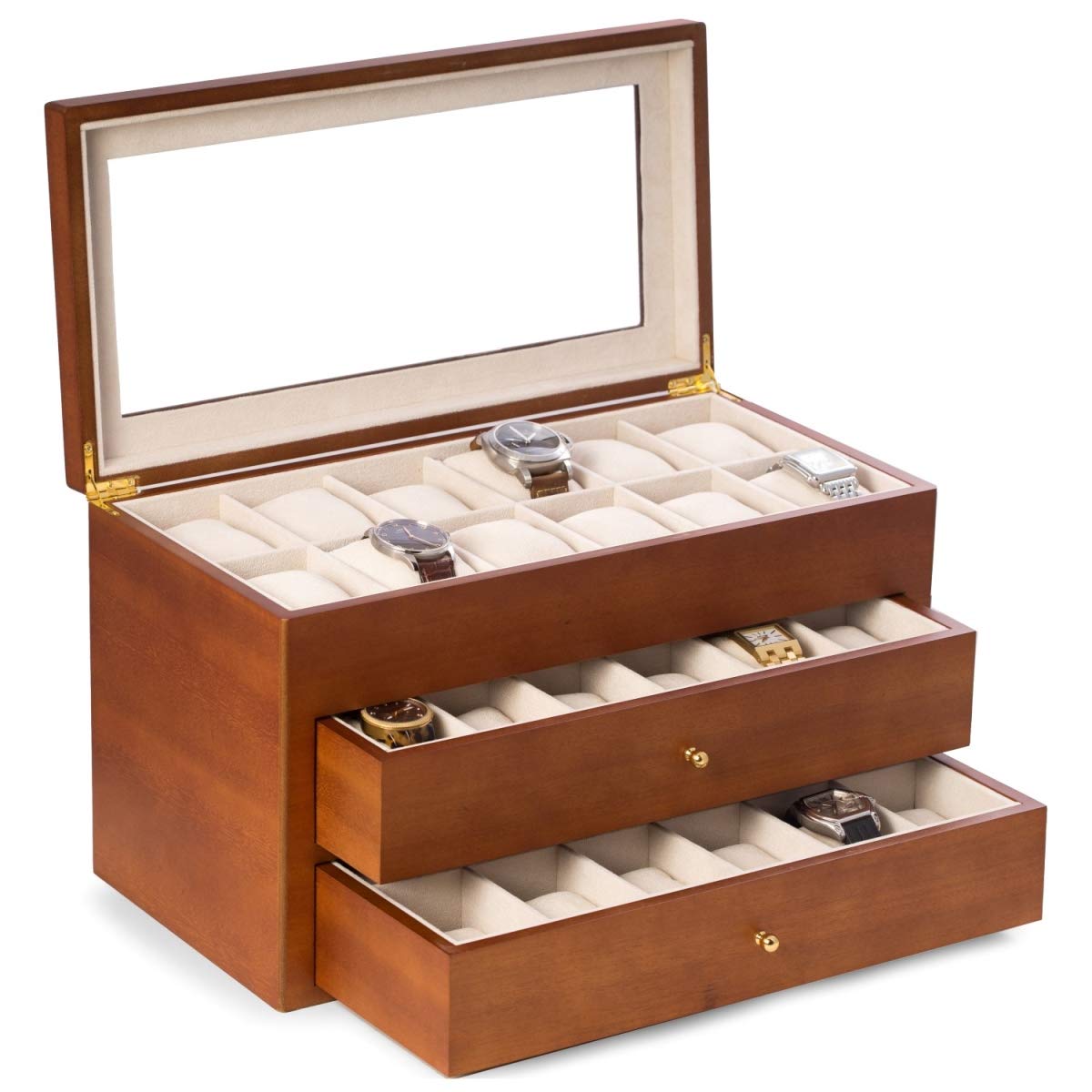 Bey-Berk Duke Cherry Wood Watch Box – 36 Slot Organizer with Glass Top, 2 Drawers & Velour Lining for Storage