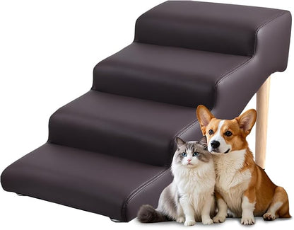 4-Step 18" H Dog Stairs for Bed Couch, Waterproof & Scratch PU Leather Pet Steps for Small Senior Dogs and Cats, Dog Ramp with 220 lbs Maximum, Oak Leg & Solid Wood, Non-Slip Feet,Brown
