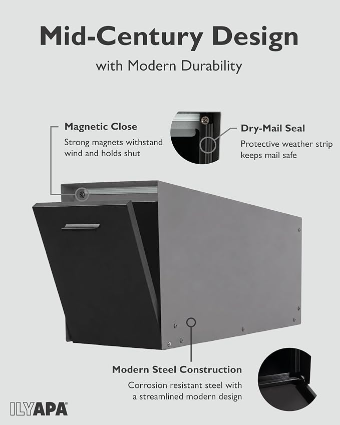 Ilyapa Modern Mailbox with Angle Design Post Mount - Gray Powder Coated Metal Mailbox with Black Door - Waterproof for Parcels, with Magnetic Door