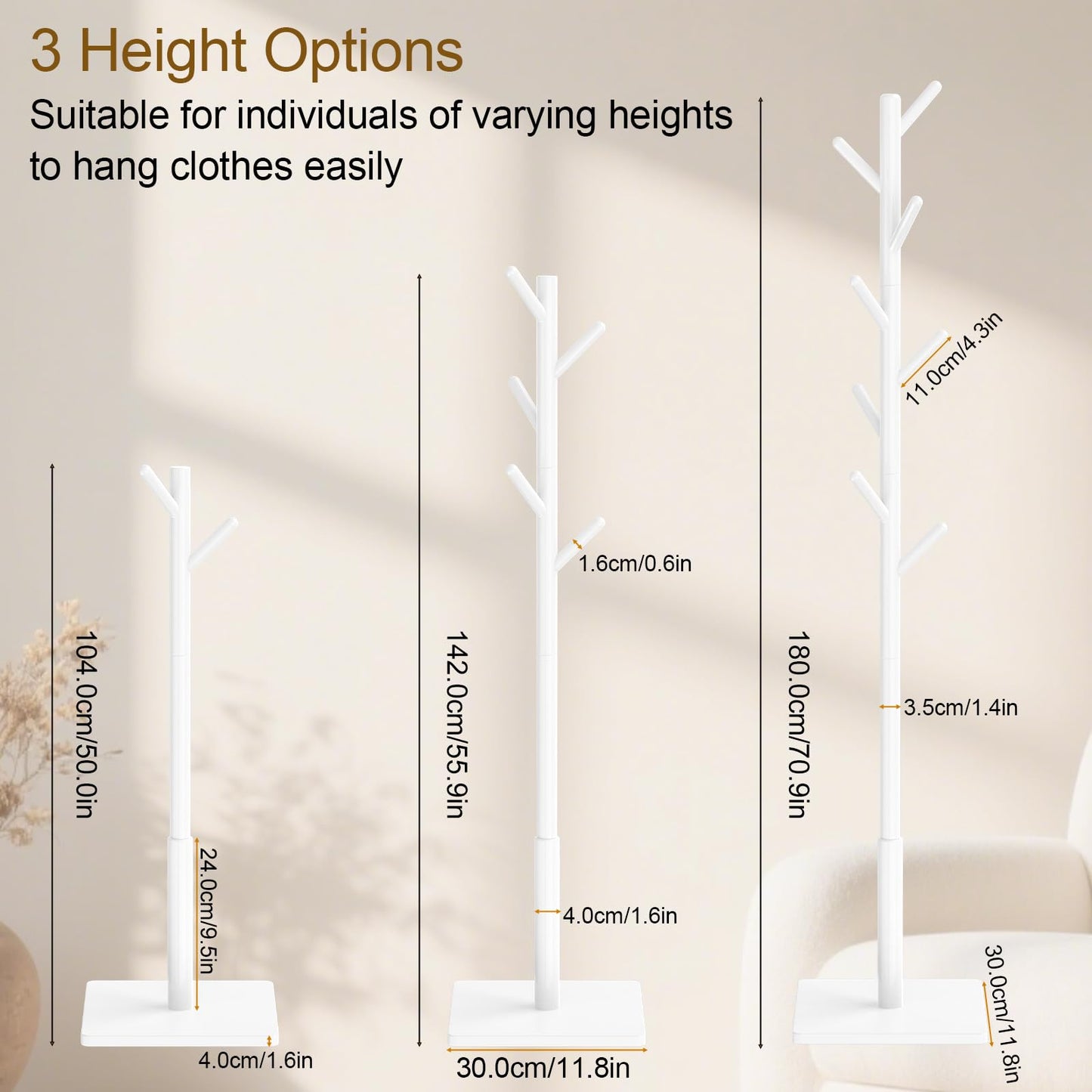 YheenLf Coat Rack Freestanding with Stable Square Base for Cloathes, Hat, Used in Bedroom, Office and Entryway, Sturdy and Easy Assembly Coat Tree with 3 Adjustable Sizes and 8 Hooks, White