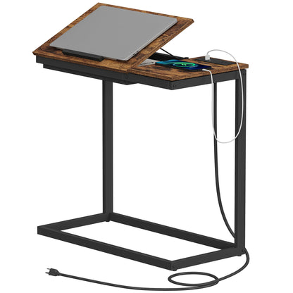 TUTOTAK C Shaped End Table with Charging Station, Tilting Laptop Stand Side Table, Under Couch Table for Living Room Bedroom, Brown TB01BB090