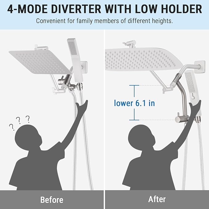 G-Promise All Metal 16 Inch Rain Shower Head with Massage Mode Handheld Spray Combo, 3-Way Diverter with Pause Setting, Full Body Coverage, Modern Bathroom Upgrade (Brushed Nickel)