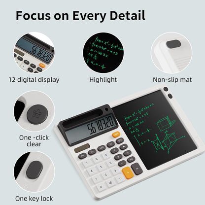 DPEDUAI Solar Desk Calculator with 7.5 inc LCD Writing Membrane, 15° Tilt for Easy Reading, Integrated Phone Stand, Voice & Silent Modes, Anti-Slip Pads for Stability, Ideal for Office & Study Use